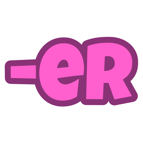 '-er' in blocky letters with dark pink outlines and pink fills